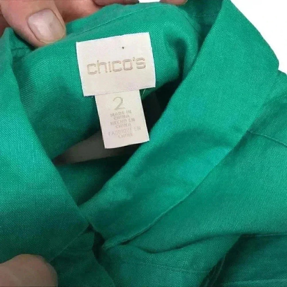 Chicos Linen Top Women 2 L Green Washable Slit Pocket Vacation Lagenlook Tunic - Picture 7 of 7